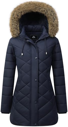 Women's Long Warm Winter Coat Windproof Thickened Fleece Lined Down Jacket Waterproof Puffer Outerwear with Removable Hood - color: Navy, size: Small