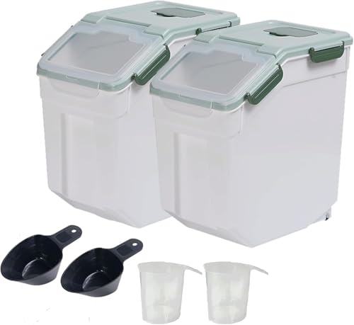 AnRui Airtight Flour Storage Container 25lb, Plastic Grain Storage Bucket, Rice Cereal Dispenser Organizer Box with Lid, Cat Dog Food Storage Bin with Measuring Cup, Scoop, Wheels, 2Pcs Green - color: 2Pcs Green