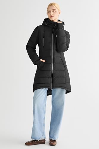 Orolay Women's Winter Down Jacket Long Quilted Puffer Coat Warm Hooded Slim Fit Outerwear - color: Black, size: Medium
