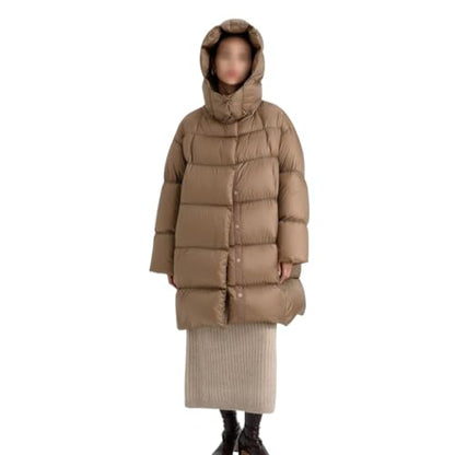 Women's Khaki Down Jacket Medium Length Loose A-line Detachable Hooded Warm