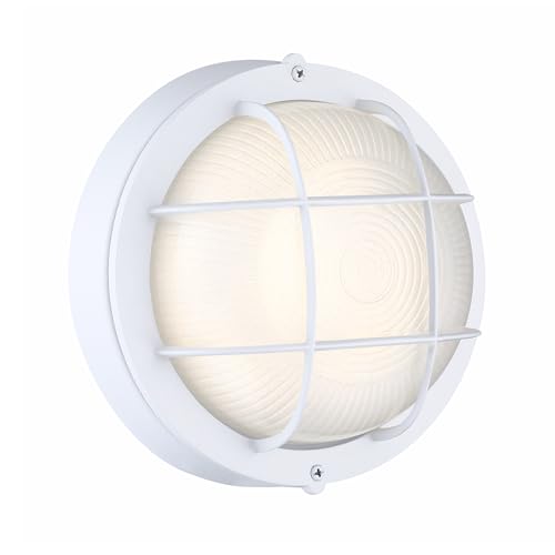 Round Bulkhead Light, Outdoor LED Nautical and Sauna Lamp | Dimmable, 8.0 Inch 1500 Lumen 3000K, Aluminum, Glass, Water-proof Wall Lantern Light for Patio, Porch, Garage, White, 1-Pack - color: 3000K White, size: 1pk-round