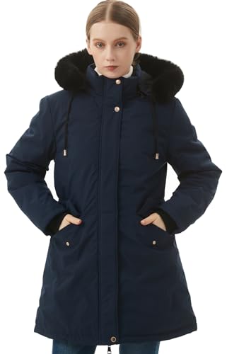 MOERDENG Women's Long Winter Down Coat Thicken Fleece Lined Parka Warm Puffer Jacket With Faux Fur Detachable Hood - color: Navy, size: Small