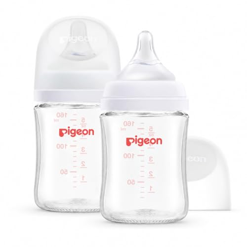 Pigeon Glass Nursing Bottle Wide Neck, Anti-Colic, Streamlined Body, Natural Feel, Easy to Clean, Heat-Resistant, 5.4 Oz (Pack of 2), Includes 2pcs SS Nipples (0m+) - color: 5.4 Ounce, 2 Packs