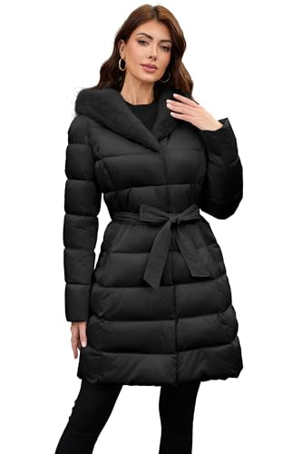 PAPILLON D'OR WEAR YOUR WINGS Women's Long Puffer Coat with Belt, Hood & Furry Lining - Knee-Length Winter Jacket - color: Black, size: Small
