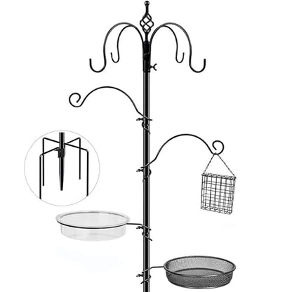Bird Feeding Station, 90.55in 6-Hook Wild Bird Feeder Stand Pole with Water & Mesh Tray Humming Bird Feeders for Outdoors Easy Assembly for Courtyards Gardens (Black) - size: 90.55in