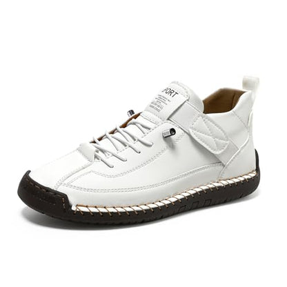 Womens Hand Stitching Leather Slip-On Ankle Boots with Adjustable Elastic Band Casual Lightweight Non-Slip Walking Loafers Retro High Top Flat Boat Shoes - color: White, size: 12 Wide