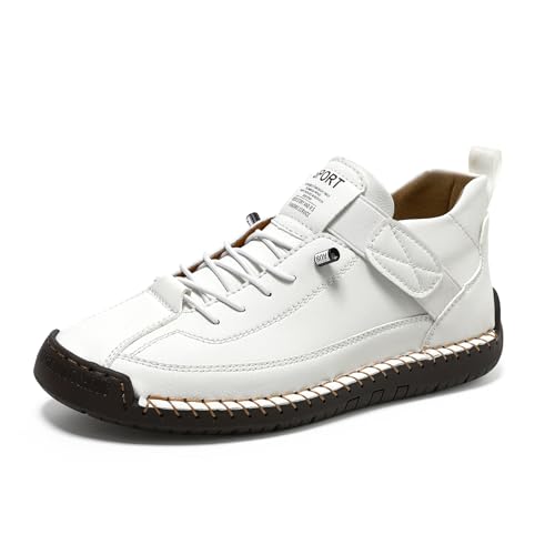 Womens Hand Stitching Leather Slip-On Ankle Boots with Adjustable Elastic Band Casual Lightweight Non-Slip Walking Loafers Retro High Top Flat Boat Shoes - color: White, size: 9 Wide