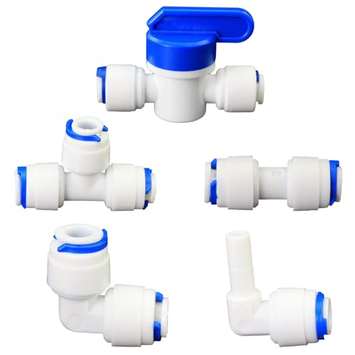 1/4" Push-Fit Fittings Set for RO Water Purifier, 5 Pcs | Globe valve, tee, elbow & straight quick-connect set for reverse osmosis RODI water filters & purification systems. - style: 1/4 inch quick connect straight elbow three-way ball valve collection
