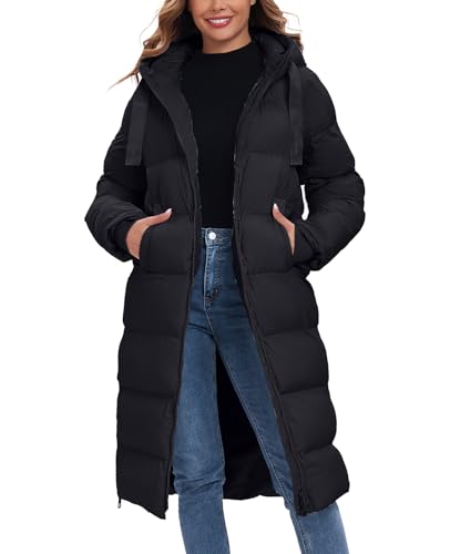 HOTIAN Womens Winter Maxi Long Puffer Coat Thicken Hooded Down Quilted Padded Jacket Winter Warm Outerwear - color: Black, size: Small