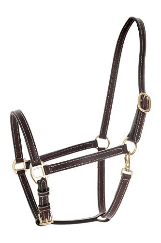 HORZE Fremont Soft Synthetic Leather Horse Halter | Fully Adjustable with Brass Hardware & Contrast Stitching - Brown - Pony - color: Brown, size: Pony