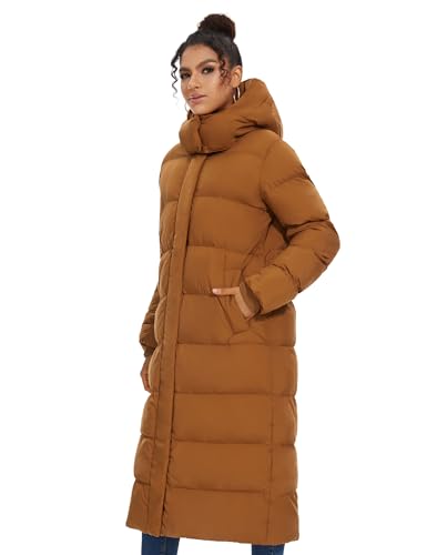 ROYAL MATRIX Women's Long Quilted Puffer Coat, Winter Warm Maxi Puffer Jacket with Detachable Hood - color: Brown, size: XX-Large