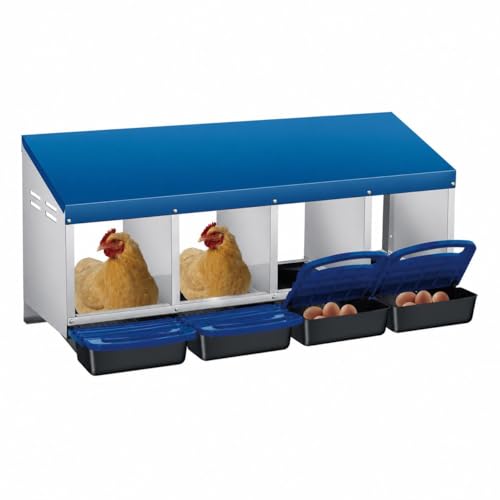 Chicken Nesting Box Roll-Away Egg Collection– 4-Compartment Galvanized Steel Laying Box for Hens, Easy Wall Mount or Freestanding, Includes Trays – Blue, Four Grids - color: Blue, size: 4 Holes