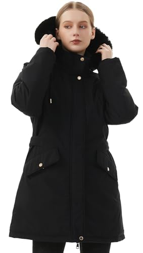 MOERDENG Women's Long Winter Down Coat Thicken Fleece Lined Parka Warm Puffer Jacket With Faux Fur Detachable Hood - color: Black, size: Small