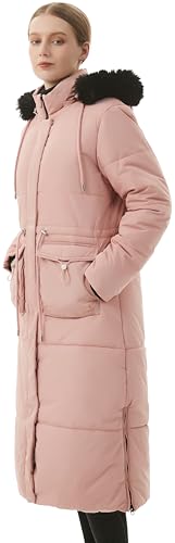 MOERDENG Women's Long Winter Puffer Coat Waterproof Warm Maxi Down Jacket Faux Fur Removable Hood Parka - color: Pink, size: Large