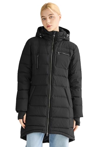 Orolay Women's Winter Down Jacket Long Quilted Puffer Coat Warm Hooded Slim Fit Outerwear - color: Black, size: Medium
