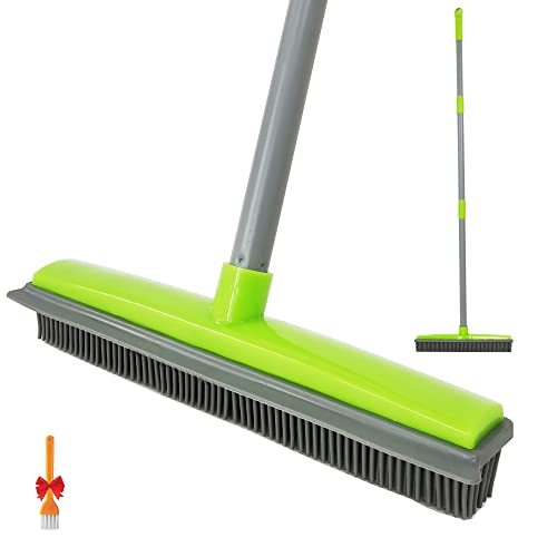 Push Broom Pet Hair Removal Broom with Squeegee,Soft Silicone Bristle Broom with Long Handle, Non Scratch Carpet Sweeper Brush for Cat/Dog Hair Hardwood Tile Windows(Green) - color: Green