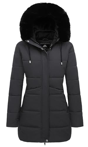 MOERDENG Women's Winter Puffer Coat Thicken Fleece Lined Down Jacket Waterproof Faux Fur Detachable Hooded Parka - color: Darkgrey, size: Large