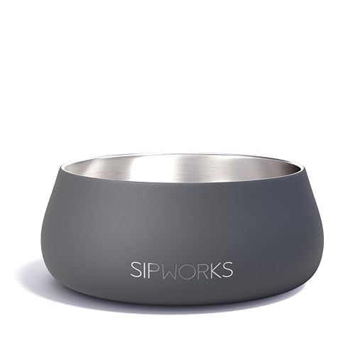 Sipworks Stainless Steel Dog Bowl – 32oz Weighted Metal Food and Water Bowls for Dogs and Cats with Non-Slip Base - Pet Bowls for All Breeds Sizes for Travel & Outdoor Play | Iron Smoke - color: Iron Smoke