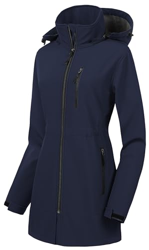 CREATMO US Women's Lightweight Waterproof Long Softshell Tactical Jacket Fleece Lined Windbreaker - color: Navy, size: Large