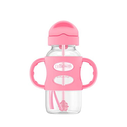 Dr. Brown's Wide-Neck Sippy Straw Bottle with Handles, Pink, 9oz/270ml, 1-Pack - color: Pink, size: 1 Count (Pack of 1)