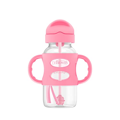 Dr. Brown's Wide-Neck Sippy Straw Bottle with Handles, Pink, 9oz/270ml, 1-Pack - color: Pink, size: 1 Count (Pack of 1)