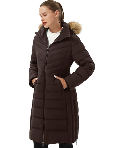 Pioneer Camp Women's Winter Coats Warm Thicken Long Puffer Jacket Waterproof Quilted Parka with Removable Faux Fur Hood - color: Coffee Brown, size: XX-Large