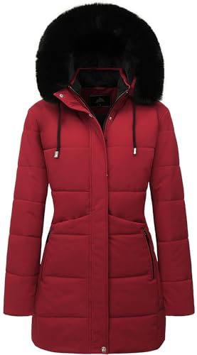 MOERDENG Women's Winter Puffer Coat Thicken Fleece Lined Down Jacket Waterproof Faux Fur Detachable Hooded Parka - color: Red, size: X-Large