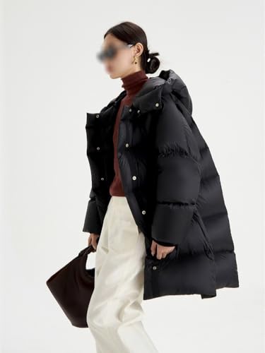 Women's Black Down Jacket Medium Length Loose A-line Detachable Hooded Warm