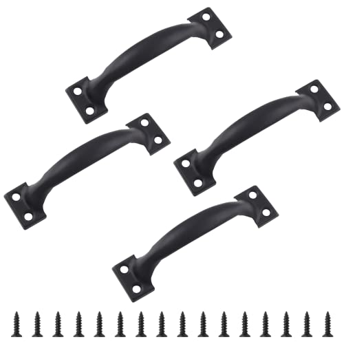 Bivethoi 4pcs 4 Inch Vintage Barn Door Pulls Utility Cabinet Handles, Screw in Drawer Pulls Black Gate Handles, Metal Garage Door Handles Outdoor Kitchen Hardware for Wooden Fence Cupboard Dresser - color: Black