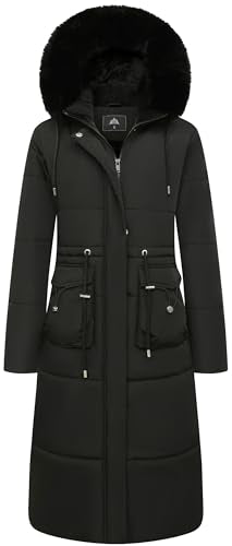 MOERDENG Women's Long Winter Puffer Coat Waterproof Warm Maxi Down Jacket Faux Fur Removable Hood Parka - color: Black, size: X-Large