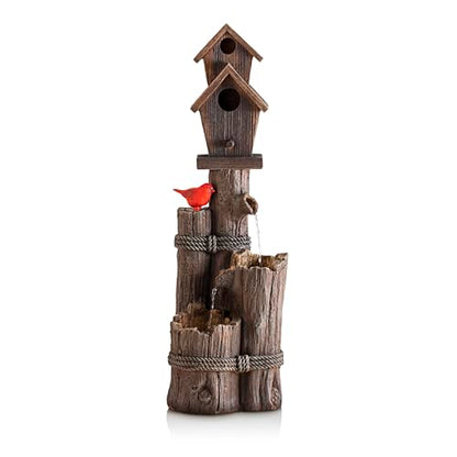 Alpine Corporation 35" Tall Outdoor 3-Tier Birdhouse Water Fountain with Cardinal Accent, Rustic Floor Decor for Garden and Patio, Brown - style: 3- Tiered Log & Branch