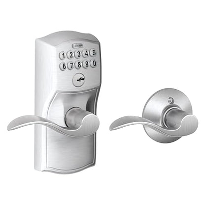 Schlage Camelot Keypad Lock with Lever Handle, Electronic Keyless Door Entry, Auto‑Lock Enabled, Satin Chrome, FE575 CAM 626 ACC - color: Satin Chrome, size: Accent Lever