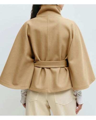 CHARTOU Women Batwing Sleeve Ponchos Pea Coat Wool Stand Collar Belt Capes Jacket Winter Cropped Overcoat - color: Khaki, size: Large
