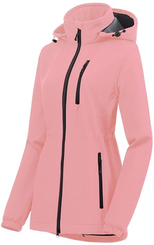 Chrisuno Women's Lightweight Long Softshell Fleece Lined Jacket Anorak Raincoat With Removable Hood - color: Pink, size: Small