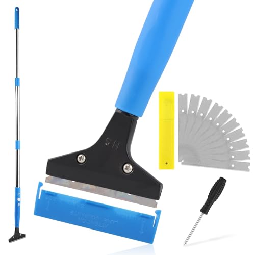 Heavy Duty Floor Scraper, 8" Wide Razor Blade Scraper Tool with 48" Long Handle, 10PCS Extra Metal Blades for Cleaning Wall Glass Floor Paint Gum Stains Stickers Linoleum Stove Top