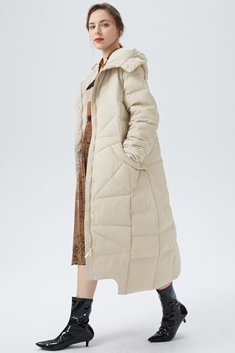 Orolay Women's Long Maxi Down Coat with Hood - 700 Fill Power RDS Certified Winter Puffer Jacket - color: Beige, size: Medium