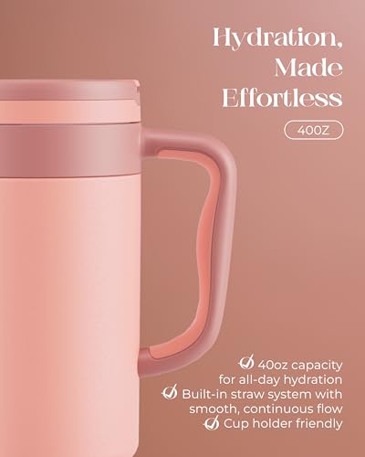40 oz Insulated Tumbler with Handle and Push-Button Straw Lid, Stainless Steel Travel Cup for Gym Office, Leakproof, BPA-Free, Cup Holder Friendly, Bow Silicone Boot, (Peach Roasted) - color: Peach Roasted