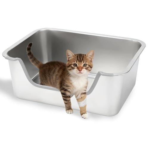 FHTONGE Low Entry Stainless Steel Cat Litter Box, Splash-Proof High Wall Metal Kitty Litter Box Kitten Toilet for Senior Arthritis Surgery Injured Disabled Munchkin Smaller Pregnant Cat, 15.8x13.8 - size: 15.8x11.8"(40x30cm) for Kitten