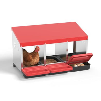 Heavy Duty Galvanized Steel Chicken Nesting Box – 3 Holes, Roll Away Egg Laying, Protective Lid, Wall Mounted, Easy Clean, Vented Pegboard Side, Red (Pegboard Side) - color: Red, size: 3 Room&Mat Board