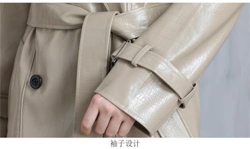 Adhdyuud Women Long Shiny Reflective Pattern Leather Coat Autumn Adjustable Belt Belt Jacket EN8 M