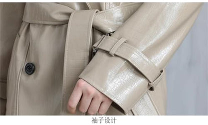 Adhdyuud Women Long Shiny Reflective Pattern Leather Coat Autumn Adjustable Belt Belt Jacket EN8 M
