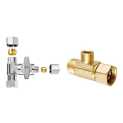 Tee Stop Valve - Lead-Free Add-A-Tee Valve 3/8 Inch x 3/8 Inch x 1/4 Inch,1/4 Turn，Add-A-Tee Adapter 3/8 Inch x 3/8 Inch x 1/4 Inch