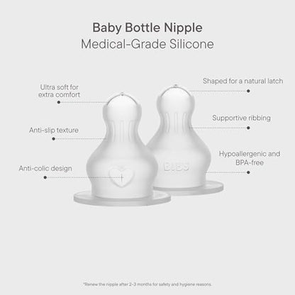 BIBS Bottle Nipple 2-Pack. Anti-Colic. Extra Nipples for BIBS Baby Bottles. Round Nipple. - Silicone, Slow Flow - color: Slow Flow | Silicone