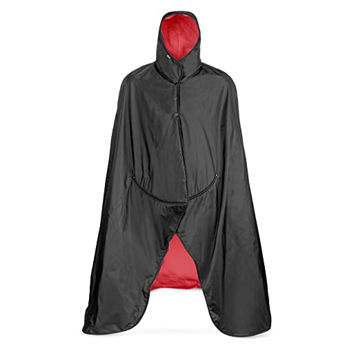 Mambe Large Extreme Weather Hooded Blanket Red - 100% Waterproof and Windproof with Premium Stuff Sack - Perfect for Stadiums and Watching Sports Activities - Machine Washable Fleece - color: Black-red, size: Large