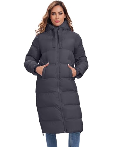 HOTIAN Womens Winter Maxi Long Puffer Coat Thicken Hooded Down Quilted Padded Jacket Winter Warm Outerwear - color: Grey, size: Medium