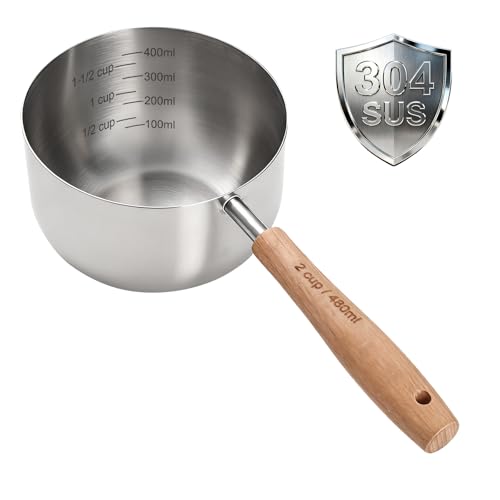 1PCS 2Cup(480ml | 16oz) Dog Cat Food Scoop, 18/8(304) Stainless Steel Measuring Cup with Wooden Handle, Etched Measurements Inside, BPA Free Portion Control for Pets & Kitchen Use - size: 2 CUP
