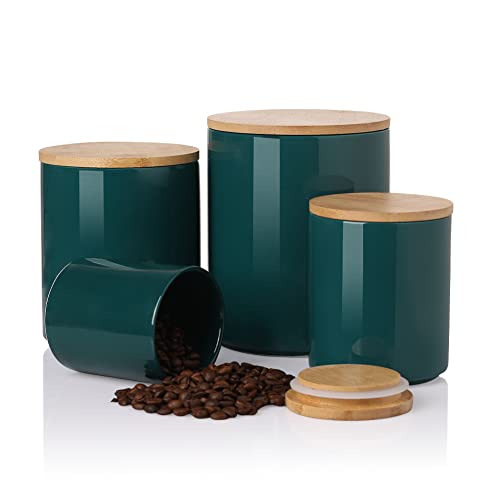 Sweejar Kitchen Canisters Ceramic Food Storage Jar Set, Stackable Containers with Airtight Seal Wooden Lid for Serving Ground Coffee, Tea, Herbs, Grains, Sugar, Salt - Set of 4 (Jade) - color: Jade, style: Set of 4(Updated Version)