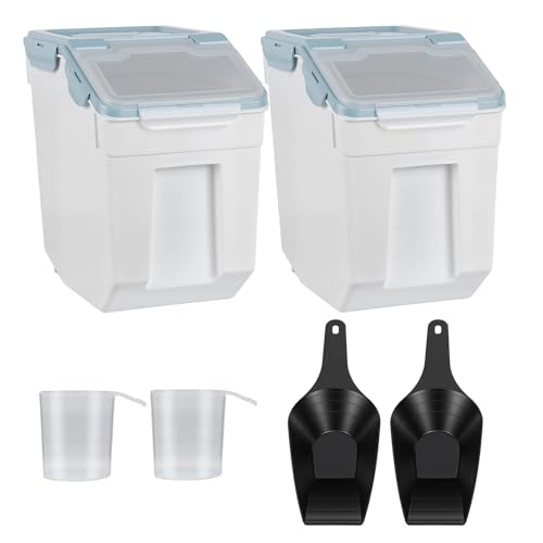 2 Pcs Rice Storage Container(55lbs), Large Airtight Flour Storage Containers with Seal Locking Lid & Wheels, Dog Pet Food Bin with Measuring Cup, for Sugar Cereal Dry Food Blue