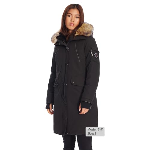 ALPINE NORTH Laurentian Women’s Vegan Down Long Parka Jacket with Faux Fur Hood - color: Black, size: X-Large, style: Standard Size