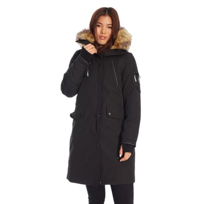 ALPINE NORTH Laurentian Women’s Vegan Down Long Parka Jacket with Faux Fur Hood - color: Black, size: Medium, style: Standard Size